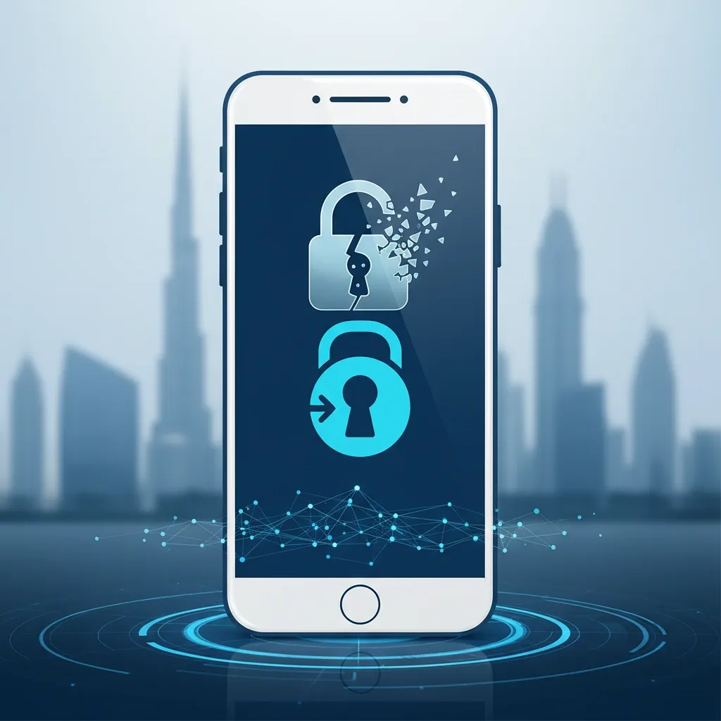 Smartphone displaying a passkey icon and broken padlock against an UAE city skyline