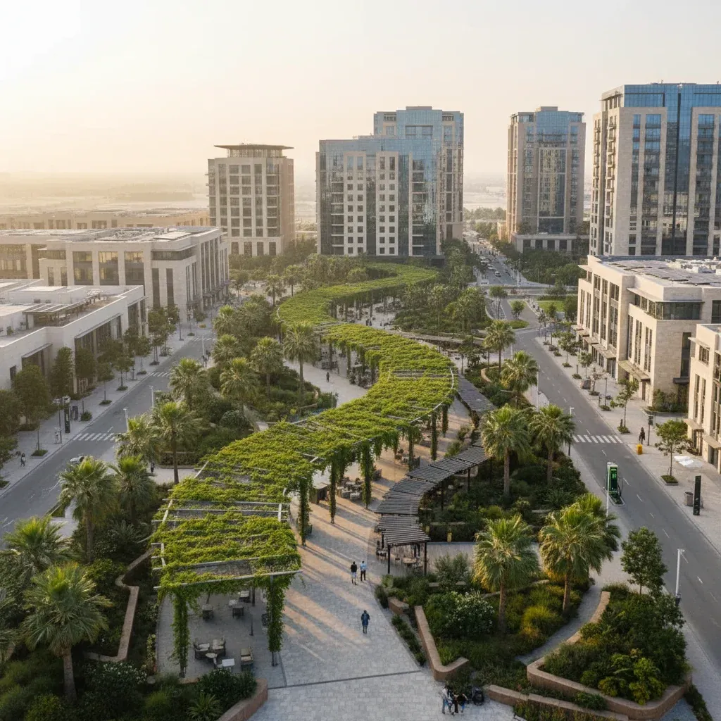 Aerial view of a shaded pedestrian walkway in a modern Gulf mixed-use city district